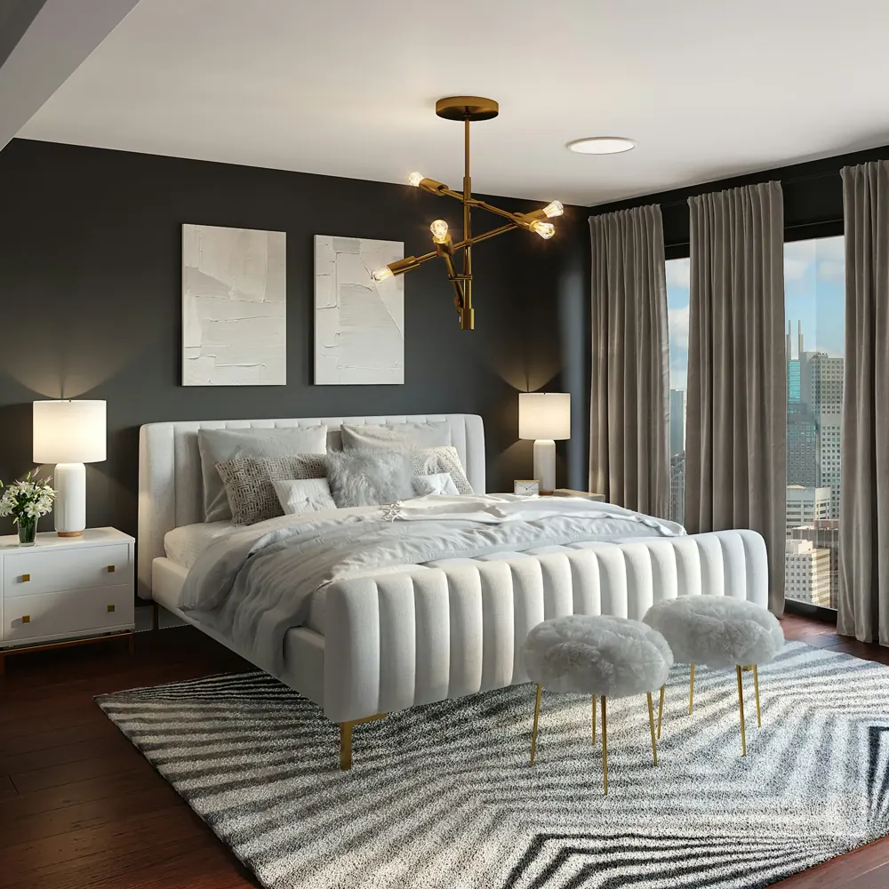 Slaapkamer bij avondlicht met een opgemaakt bed
