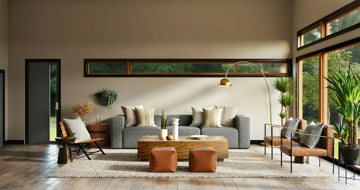 Woonkamer met zetel, poefs en salontafel